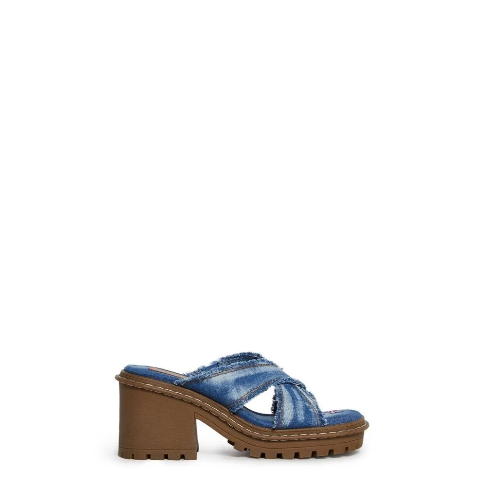 Delia's by Dolls Kill Star Worthy Cross Strap Slides 7 Denim Block Heel Sandals